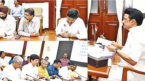 Chief Minister MK Stalin conducting a review meeting on extending free breakfast scheme to all schools from June 1, at the Secretariat on Thursday.