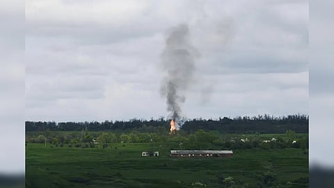 Fire and smoke raise after artillery shelling near Bakhmut, an eastern city where fierce battles between Ukrainian and Russian forces have been taking place, in the Donetsk region, Ukraine, Saturday, April 29, 2023