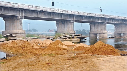 Illegally mined sand on Palar kept ready for transportation