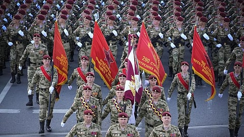Russian soldiers march toward Red Square to attend a Victory Day military parade in Moscow, marking the 78th anniversary of the end of World War II