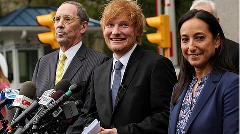 Singer Ed Sheeran reacts, as he speaks to the media, after his copyright trial at Manhattan federal court, in New York City, U.S., on May 4, 2023.