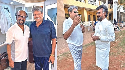 Picture posted by Kapil Dev on social media; Kapil Dev with Rajini on location of Lal Salaam