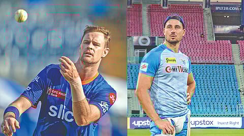 (L) Mumbai?s Jason Behrendorff; Lucknow?s Marcus Stoinis(R)