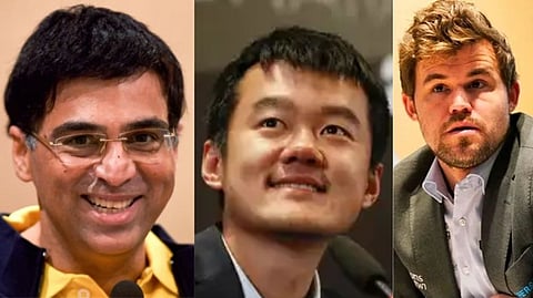 (L to R) Viswanathan Anand, Ding Liren and Magnus Carlsen