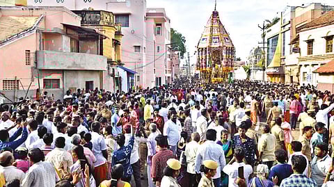 The Big Temple car moving majestically amidst sea of devotees in Thanjavur on Monday