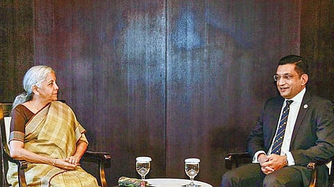 Nirmala with Lankan counterpart M Ali Sabry on the sidelines of ADB meeting, in Incheon on Wednesday
