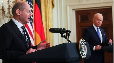 U.S. President Joe Biden holds a joint news conference with German Chancellor Olaf Scholz at the White House in Washington