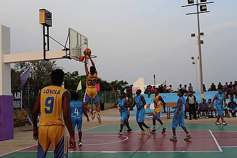 Bala of Loyola College about to score against Vels in the inaugural match