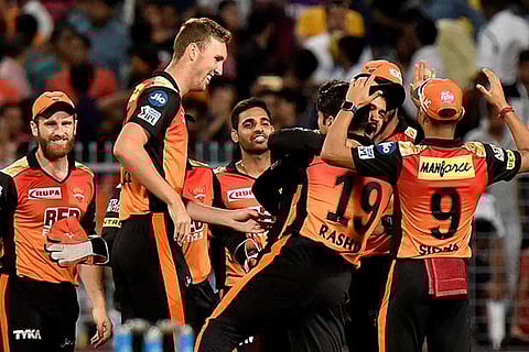 Sunrisers Hyderabad cricketers celebrate wicket of a batsman of KKR