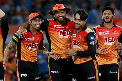 Rashid Khan of SRH celebrates after takes a wicket of Jos Buttler of Rajasthan Royals