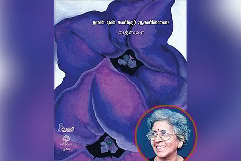 R Vatsala, poet (inset) and the cover of the poetry book Naan Yenn Kavingyar Aagavillai?