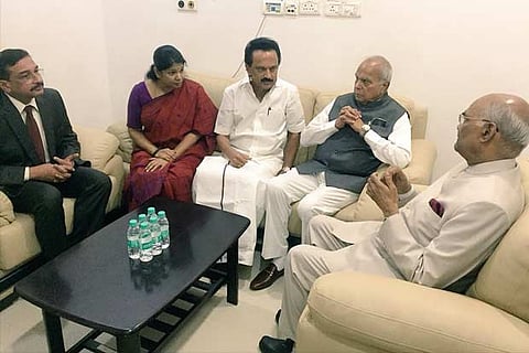 President Ram Nath Kovind with TN Guv Banwarilal Purohit, MK Stalin and Kanimozhi