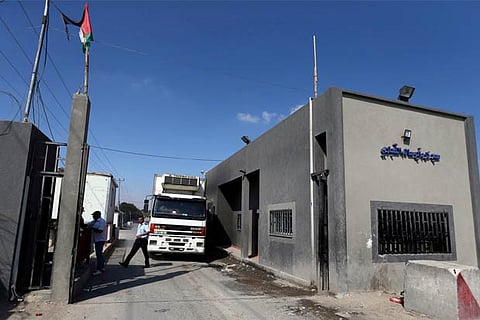 A truck carrying food products arrives at Kerem Shalom crossing in Rafah in Gaza
