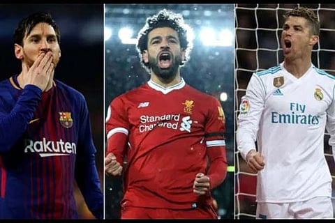 (From left) Messi, Salah and Ronaldo