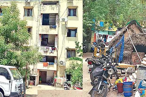 TNSCB flats in Kodambakkam?s Boopathi Nagar (left); an illegal structure encroaching the area