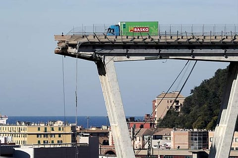 The collapsed Morandi Bridge is seen in the Italian port city of Genoa