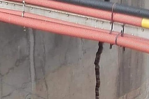 The crack on the pier of the old Kollidam bridge at Tiruchy on Thursday