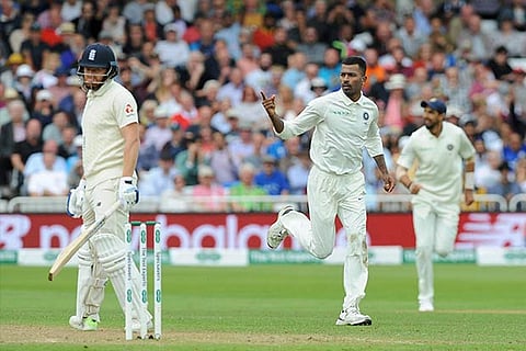 India's Hardik Pandya, celebrates the dismissal of England's Jonny Bairstow