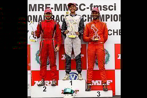 Yash Aradhya (centre), winner Race-3 MRF F1600 class with 2nd placed Gowtham Parekh(L) and Raghul