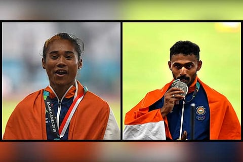 (L) Hima Das celebrates after securing silver medal and (R) Yahiya Muhammed Anas after securing silver medal