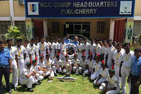 Cadets of the victorious 2 (TN) Naval unit of NCC, Madurai, pose with their championship trophy