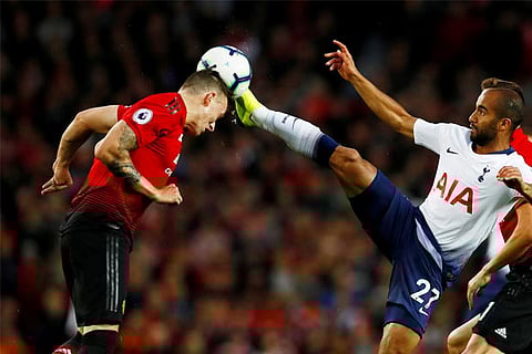 Tottenham's Lucas Moura in action with Manchester United's Phil Jones