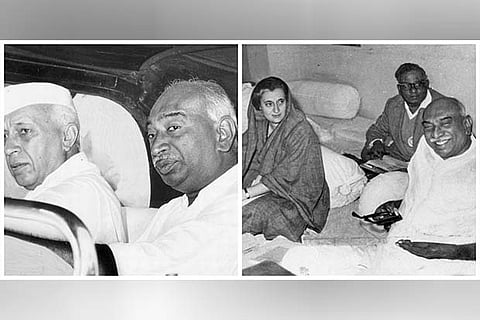 (L)Kamaraj with Nehru (R)Indira Gandhi and Kamaraj during an event