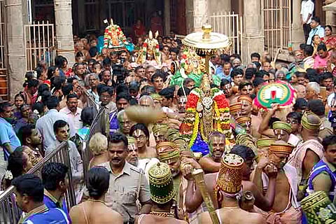 Namperumal is carried in a procession to the Arjuna Mandapam at Sri Ranganathaswamy temple