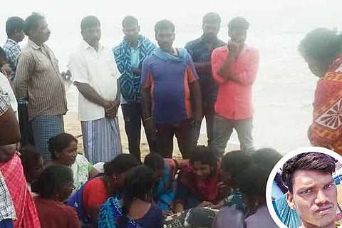Surya?s family members sit around his body on the shore; (inset) Surya