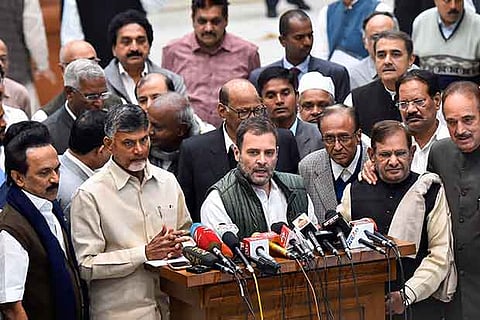 DMK chief MK Stalin (left) with TDP?s Chandrababu Naidu and Congress president Rahul Gandhi