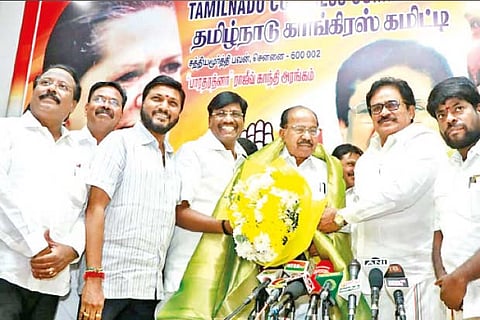TNCC president S Thirunavukkarasar felicitates Veerappa Moily at the party headquarters in Chennai on Friday