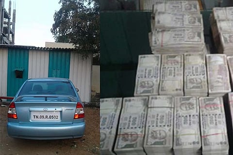 The seized notes and car of the duo in Tirupur on Friday
