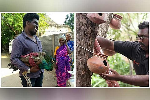 A volunteer carries a peacock injured in cyclone Gaja; (Right) An environmental activist fixes an earthen pot