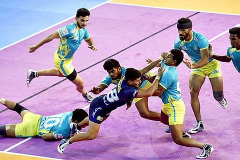 Haryana Steelers and Tamil Thalaivas players in action during their Pro Kabaddi League Season 6
