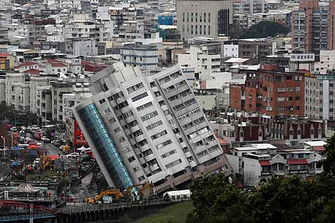 A damaged damaged building is seen after an earthquake hit Hualien, Taiwan