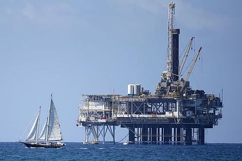 File photo of an offshore oil platform is seen in Huntington Beach, California