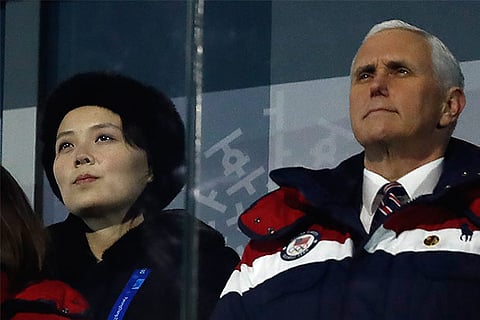 US Vice President Mike Pence (R) and North Korea's Kim Jong Un?s sister Kim Yo Jong