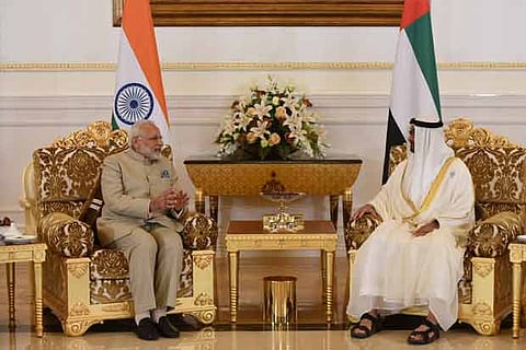Indian PM Narendra Modi with Crown Prince of Abu Dhabi Mohammed Bin Zayed(Twitter via @narendramodi