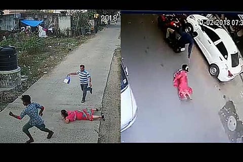 Jayasree falls down as a man snatches her chain (L), Menaka dragged by a chain-snatcher on bike