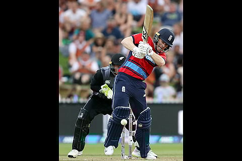England?s Eoin Morgan en route to his unbeaten 80 against New Zealand in Hamilton