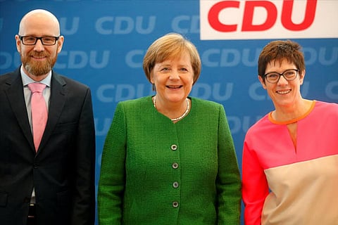 Sec Gen of the CDU Peter Tauber, Chancellor Merkel and Saarland State PM Annegret Kramp-Karrenbauer