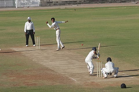 Grand Slam?s left-arm spinner R Sai Kishore bowls to Nelson?s Robin Bist (Photo: Justin George)
