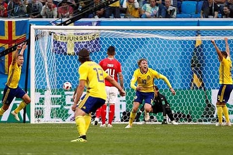 Sweden's Emil Forsberg celebrates scoring their first goal in the 66th minute