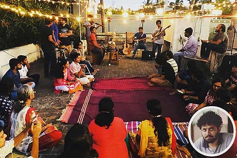 During a session of Motta Maadi Music; (inset) Badhri Narayanan Seshadri