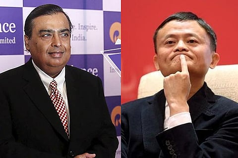 Reliance Industries chairman Mukesh Ambani (L); Alibaba's founder Jack Ma