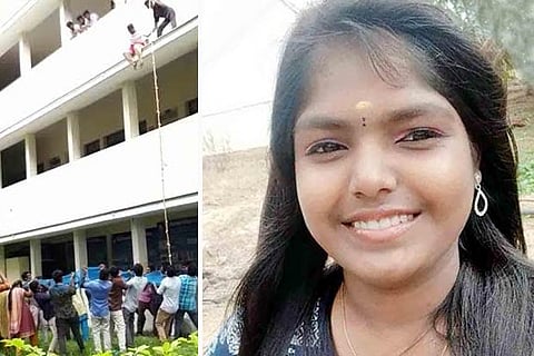 Video grab shows the girl being forced to jump (left); Logeswari, who died during the drill