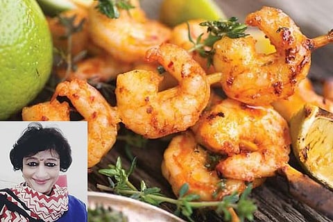 Prawn Pepper Fry (Yera Varuval); inset: Chef Ramaa Shanker