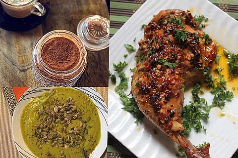 Clockwise - Instant Homemade Hot Chocolate, Baked Garlic and Herb Chicken, Broccoli-Asparagus Soup
