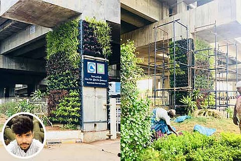 The vertical garden at the Koyambedu Metro Rail Station; (inset) Niranjan Sharma
