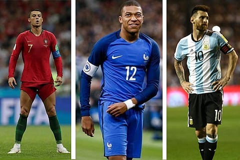 (L) Cristiano Ronaldo (C) Kylian Mbappe and (R) Lionel Messi